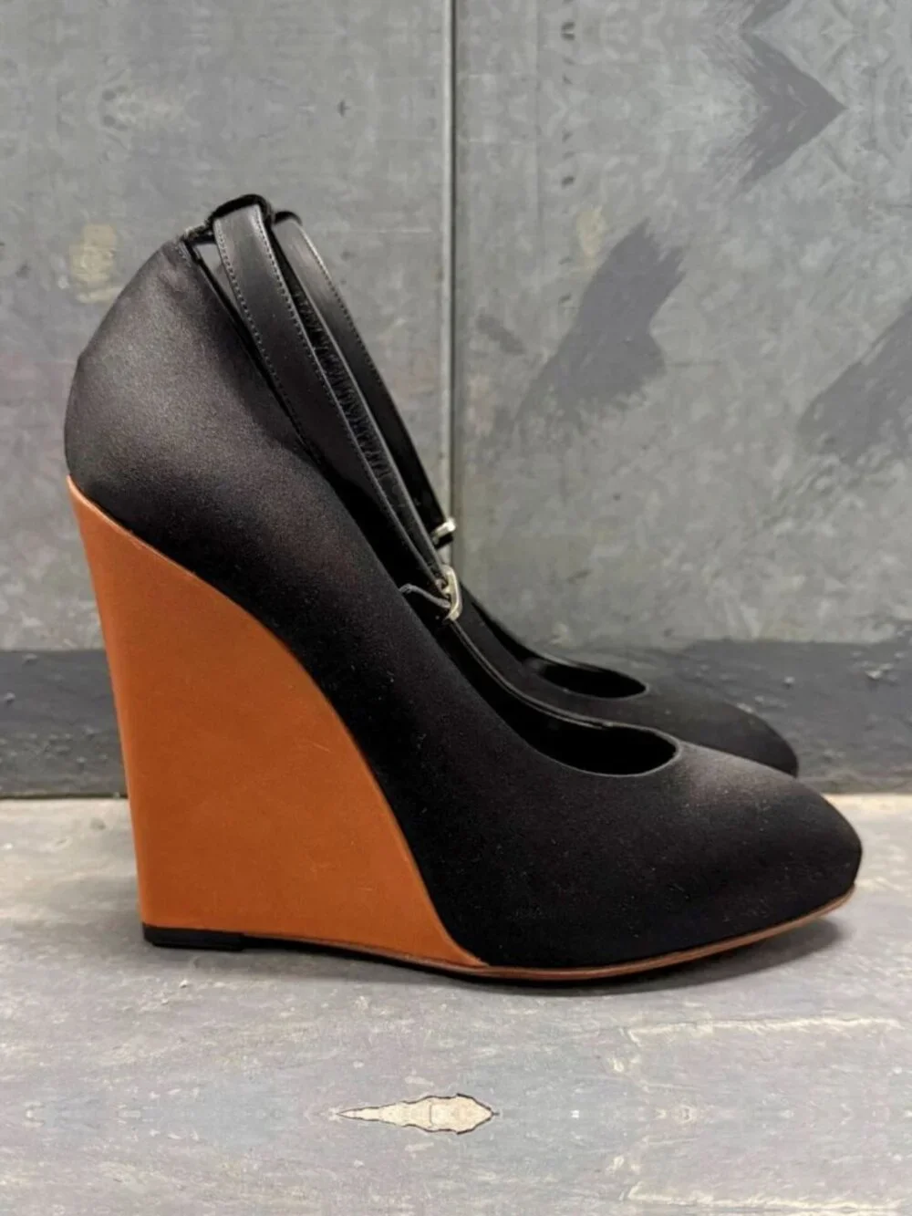 CELINE PHOEBE PHILO ERA BLACK SATIN WEDGE ANKLE STRAP SHOES